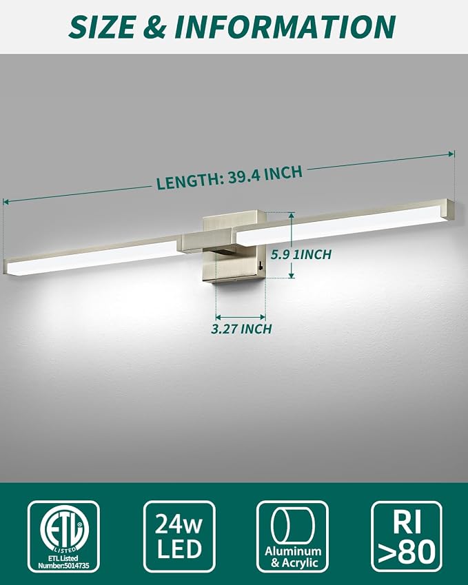 Modern Bathroom Light Fixtures Over Mirror, 40 Inch Brushed Nickel Vanity Light Bar for Bathroom, 24W 5CCT Diammable Wall Light