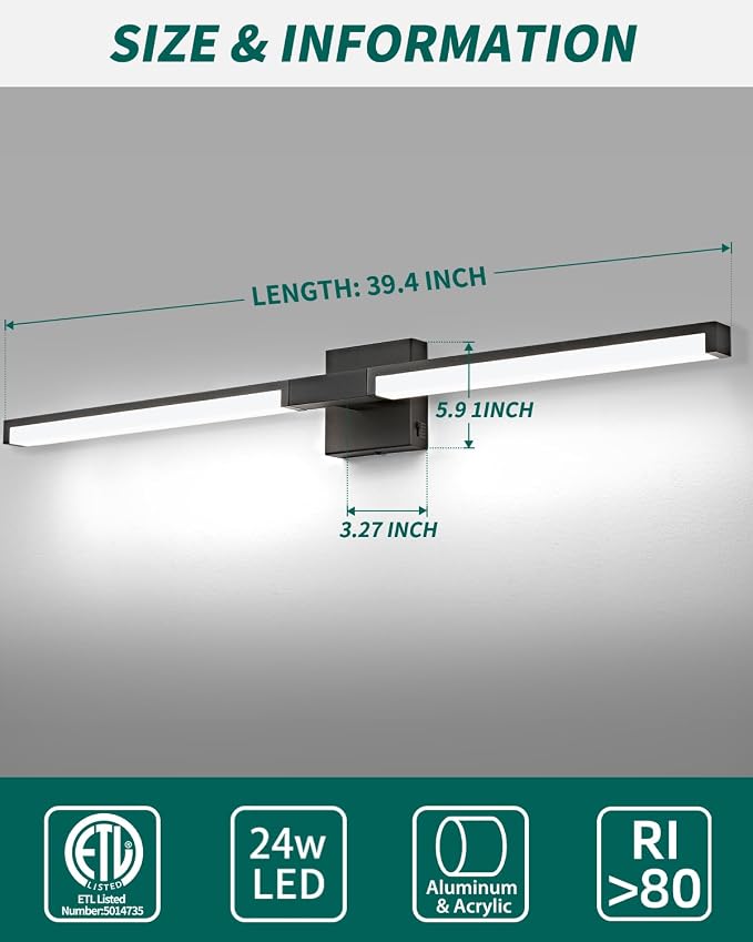 Modern Bathroom Light Fixtures Over Mirror, 40 Inch Matte Black Vanity Light Bar for Bathroom, 24W 5CCT Diammable Wall Light