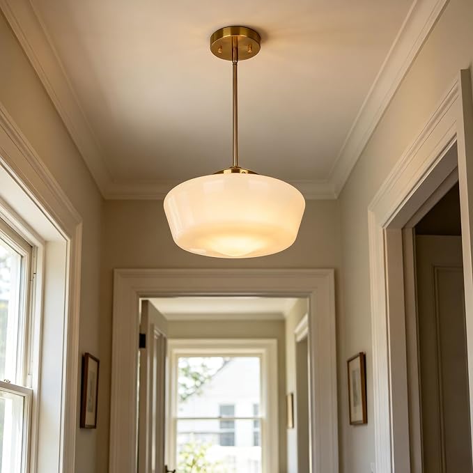 Schoolhouse Pendant Light Fixture, 12" Brass Hanging Light with Opal Milk Glass Shade, Adjustable Farmhouse Globe Pendant Light for Kitchen Island, Dining Room, Hallway, Entryway, Laundry, Bedroom