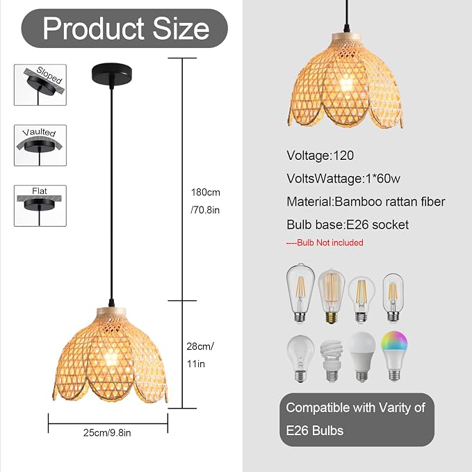 3-Pack Bamboo Pendant Light Mini Rattan Chandelier | 10.6" Boho Bamboo Rattan Pendant Lights,Hand Woven Rattan Chandelier for Kitchen Island Dining Bedroom Living Room
