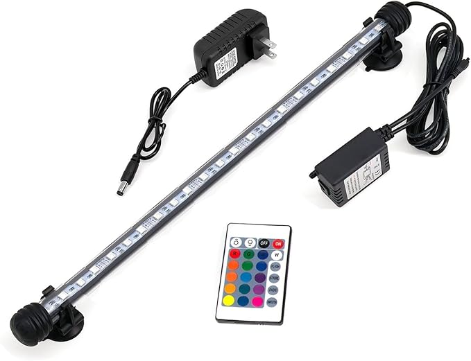 15 inch RGB Aquarium Lights, Underwater Fish Tank Lights IP68 Waterproof Color Changing Adjustable Memory Submersible Remote Control Aquarium Tank Sucker Hood Strip Waterfall Lights