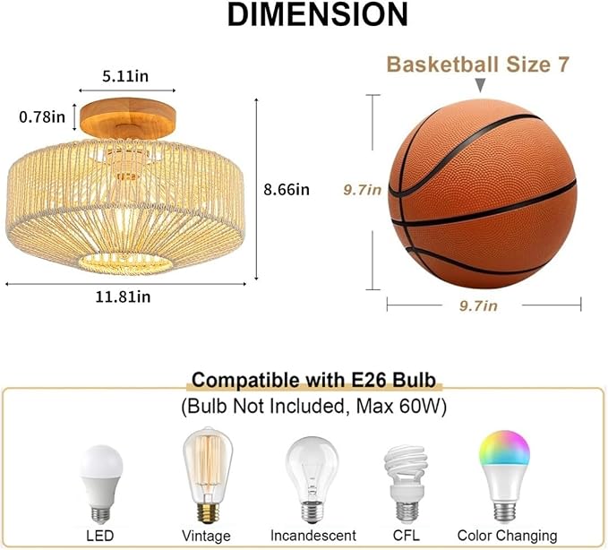 Rattan Light Fixtures Ceiling Flush Mount Boho Chandelier Bedroom Chandelier Ceiling Light for Nursery Hallway Entryway Kitchen Bathroom (Beige)