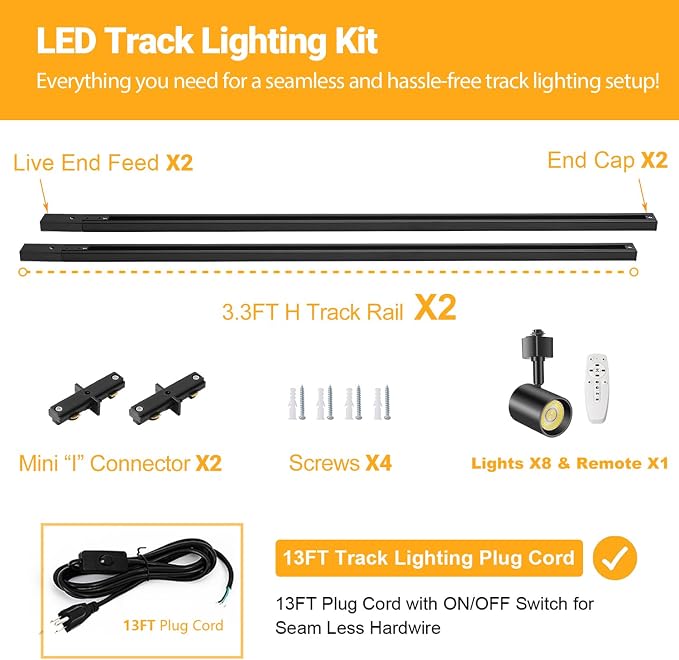 Dimmable Plug in Track Lighting with Remote, 8-Light Black | Track Light with Plug in Cord, LED Track Lighting Kit with H Track Rails, Track Lighting Fixtures Ceiling Spotlight, Black