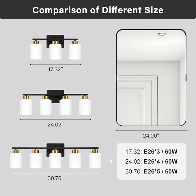 FonmYim Black and Gold Bathroom Light Fixtures Vanity Lights Over Mirror | Modern 4-Light lighting fixtures for bathroom with Milky White Frosted Glass Shades, E26 Socket (Bulbs Not Included)