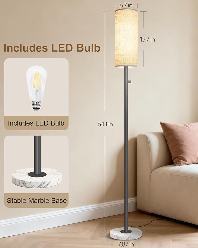 Black Floor Lamp for Living Room, Dimmable Floor Lamp with LED Bulb,Modern Standing Lamp with Marble Base,Tall Floor Lamps for Bedroom Reading Office Corner Nursery