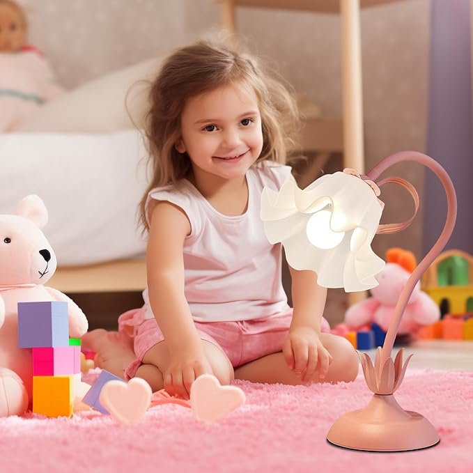 Flower Table Lamp, LED Reading Light Vintage Bedside Table Lamp with 3 Color Modes for Nightstand, Kawaii Decoration for Home Bedroom Living Room (Pink)