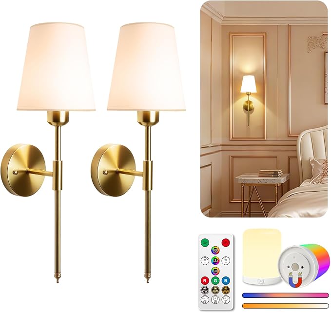 Adetu Battery Operated Wall Sconce Set of 2, Gold Wireless Battery Wall Lights