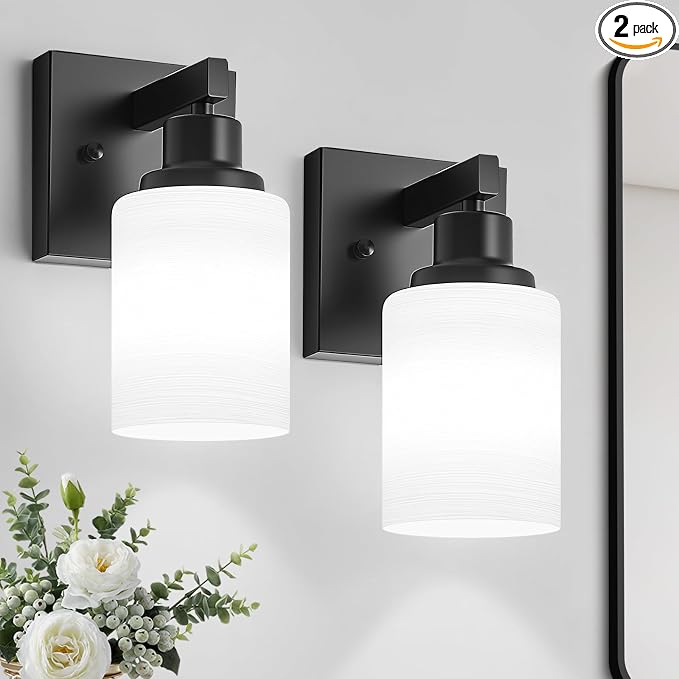 Set of 2 Wall Sconces for Bathroom, Black 1 Light Bathroom Vanity Light,Modern Wall Sconces Indoor with White Glass Shades,Farmhouse Wall Lamp for Bedroom Living Room Mirror Hallway