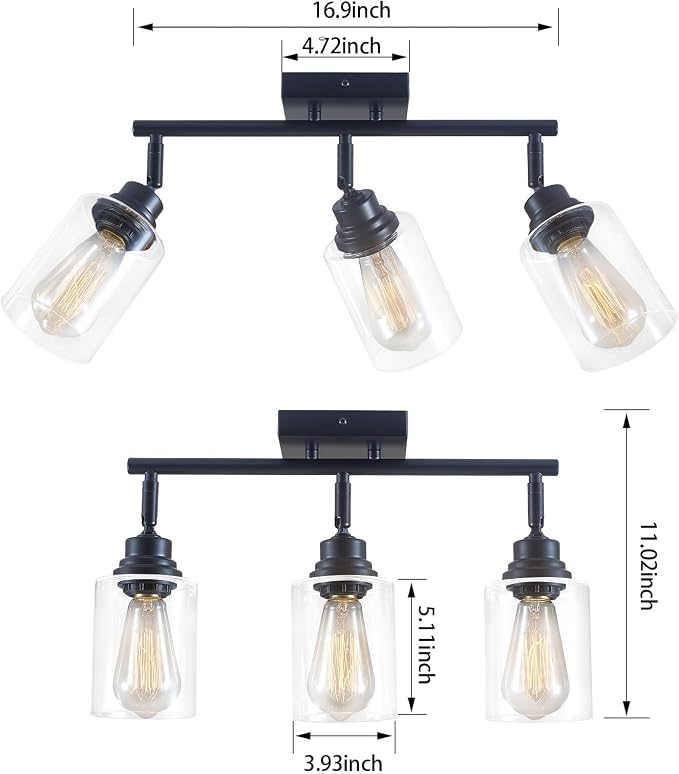 3-Light Matte Black Track Lighting Ceiling Mount for Kitchen | 350° adjustable track heads with clear glass shades, E26 ceiling mount for kitchen, bathroom and vanity lighting