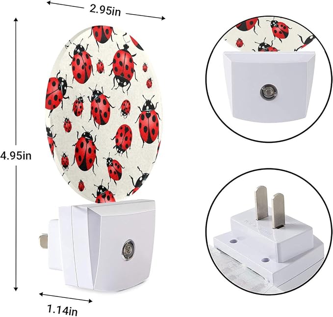EKOBLA Cute Ladybug Night Light, Red Black Dots Ladybugs with Dusk to Dawn Light Sensors, Warm Nightlights for Bedroom, Bathroom, Hallway, Kitchen