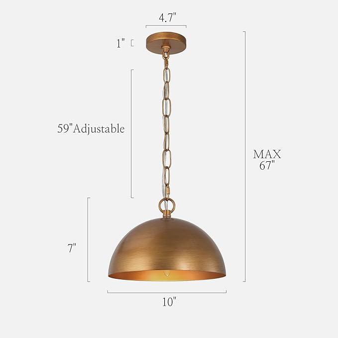 LALUZ 10" Large Dome Pendant Light, Antique Brushed Gold Pendant Lights Kitchen Island Modern Metal Adjustable Hanging Light Fixtures for Dining Room Bedroom Hallway
