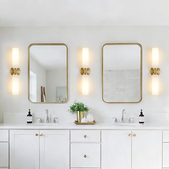 Lanhall 2 Light Brushed Brass Gold Bathroom Light Fixture Over Mirror, Modern Farmhouse Bathroom Vanity Lights with Milky White Frosted Glass Shade, Wall Sconce for Hallway Cabinet Bedroom Porch