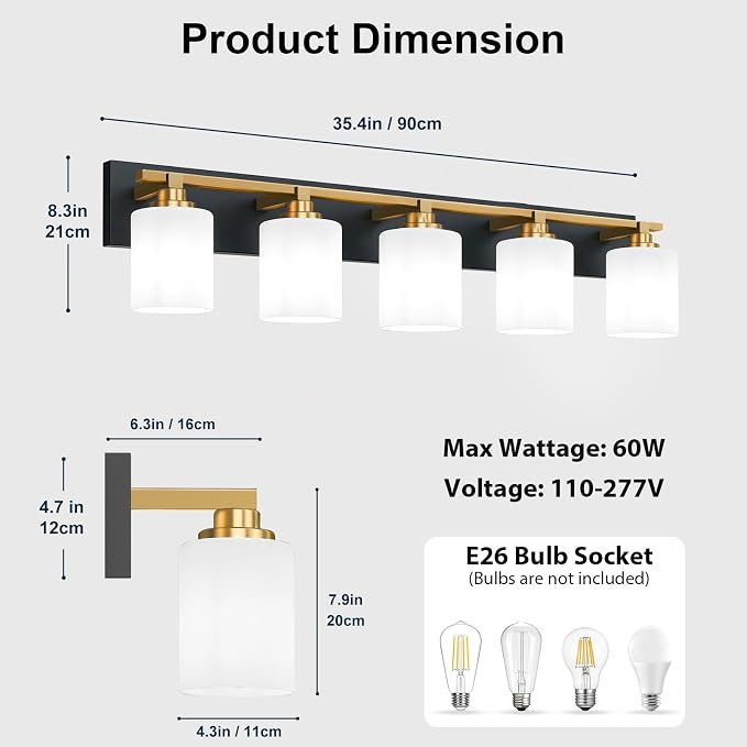 Black and Gold Bathroom Light Fixture, Modern 5 Light Vanity Lights for Bathroom Lighting Fixtures Over Mirror, White Glass Lampshade, Master & Guest bathrooms Bathroom Remodel, 35.4-inch