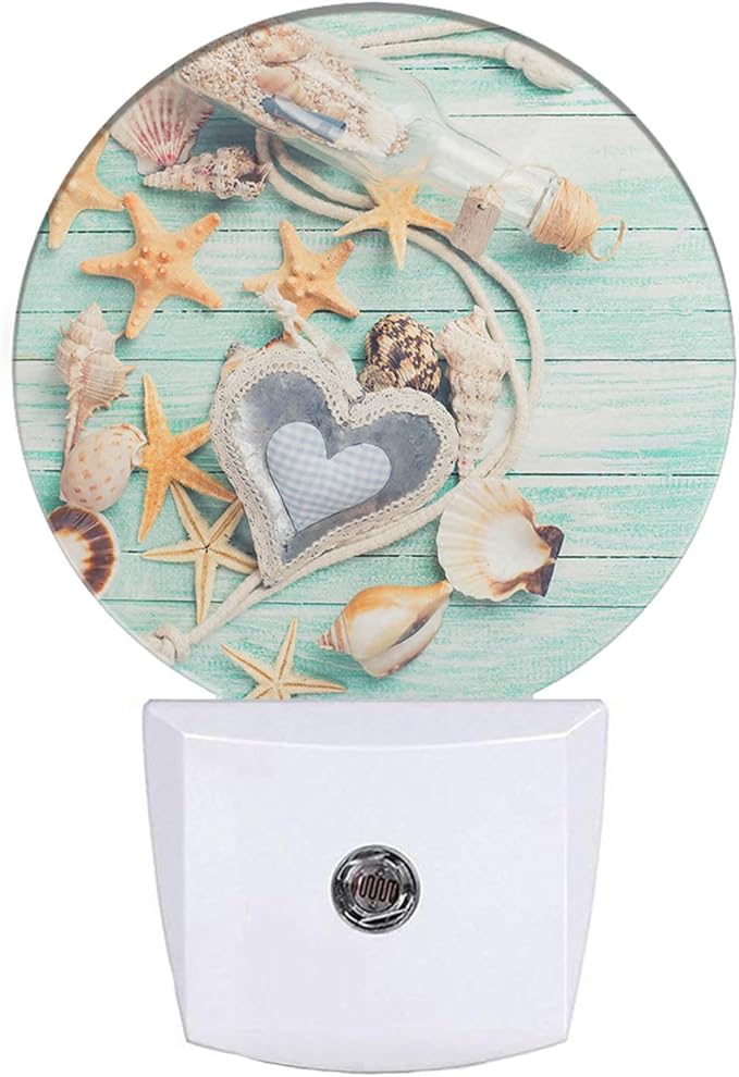EKOBLA Beach Night Lights Plug into Wall Seashell Starfish on Wooden Board Coastal Led Dusk to Dawn Plug-in Nightlights Auto Sensor for Home Indoor Bathroom Hallway Kitchen
