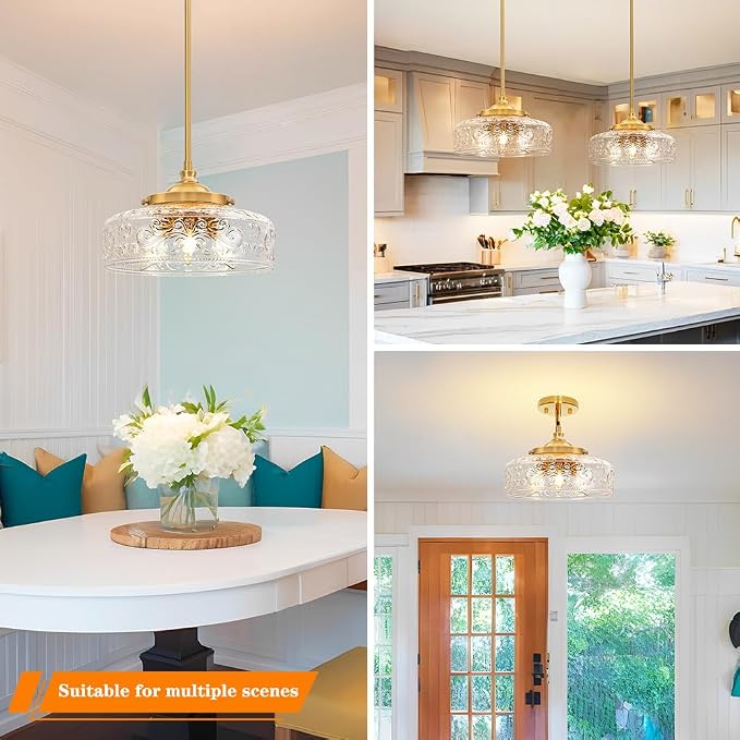 3-Light Adjustable Pendant Lights Kitchen Island, Gold Brushed Metal & Clear Glass Ceiling Pendant Light, Vintage Brass Drop Lights for Bathroom, Hallway, Convertible Ceiling Mount Or Hanging Fixture