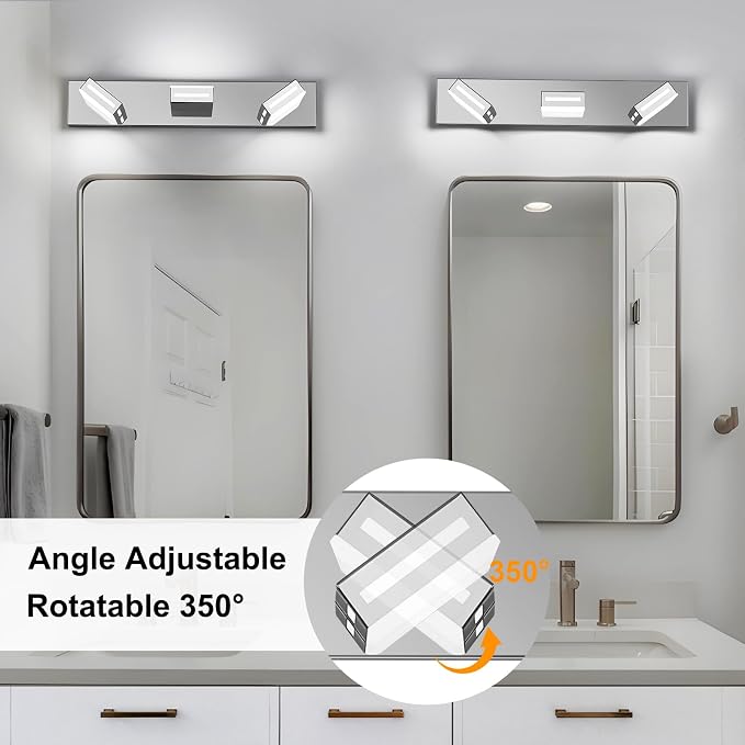 LED Modern Bathroom Light Fixtures, 3-Light 24-Inch Chrome Vanity Lights for Bathroom Lighting Fixtures Over Mirror, 6000K Cool White 350° Rotatable Wall Lamp