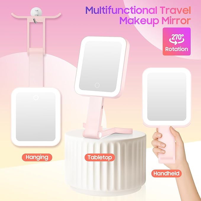 Magnifying Travel Mirror with Light, 30X/1X Double-Sided Magnifying Mirror with 3 Color Lights, Brightness Adjustable,Foldable Handheld Makeup Mirrors Portable for Travel and Desktop Use, Pink