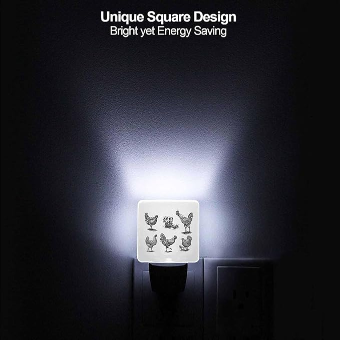 LED Night Light,Rooster Hen Chicken Walking LED Night Light Plug into Wall with Dusk to Dawn Light Sensor White Energy Efficient Nightlight for Bedroom Bathroom Hallway Living Room Kitchen