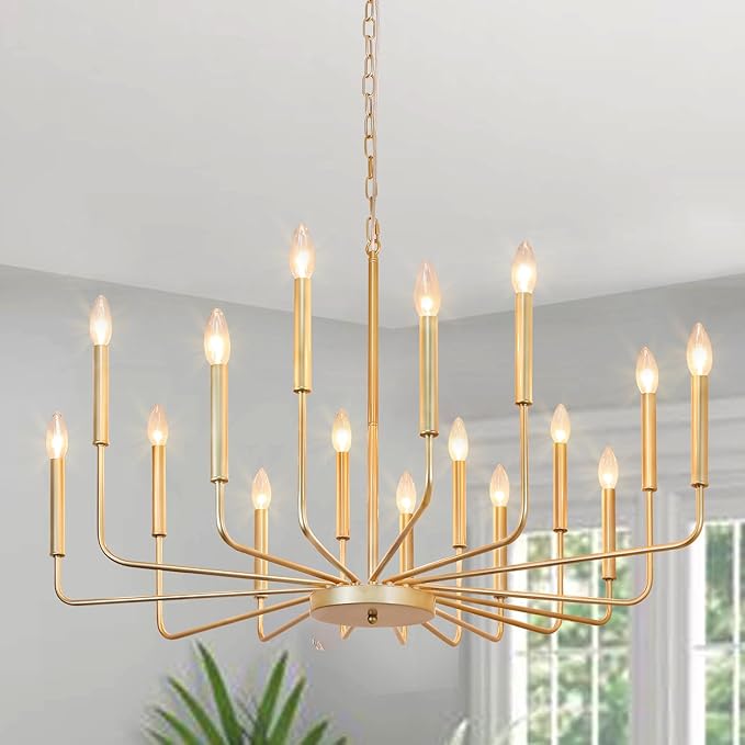 Farmhouse Gold Chandeliers for Dining Room, 16-Light Modern Candle Chandelier Light Fixture, Rustic Industrial Metal Chandeliers for Living Room, Kitchen, Staircase, Entryway, Foyer