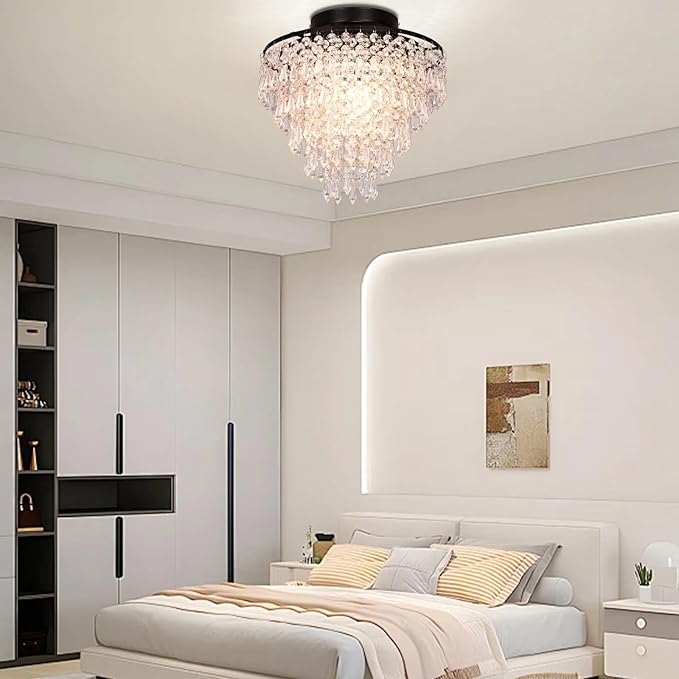 FRIXCHUR 11.8" Small Crystal Chandelier Light Fixture Mini Crystal Ceiling Light 5 Tiers Raindrops Black Chandeliers for Bedroom Hallway Closet,E26 Base