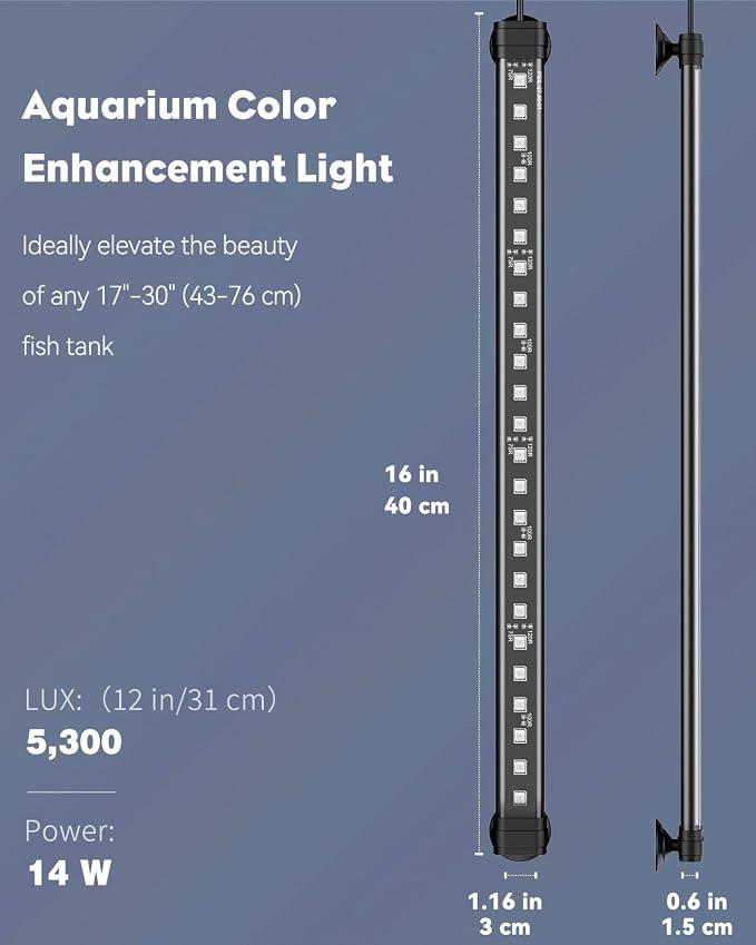 Pawfly 14 W Aquarium Color Enhancement Light for 17" to 30" Fish Tanks IPX8 Waterproof Aquarium Enhancing LED Light Brilliant RGB Lights with 7 Single Color Effects Timer & Adjustable Brightness