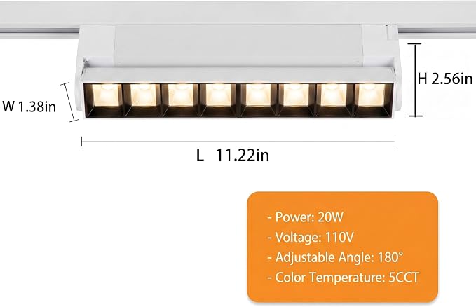 5 Color Linear H Track Lighting Heads Dimmable, White 20W 1 Pack | LED Track Lighting Fixtures Ceiling Grille Light, H Type Track Heads Compatible with H Track Lighting Rails
