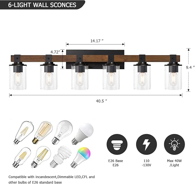 DUJAHMLAND 6-Light Wood Vanity Light,40.5 inch Farmhouse Bathroom Metal Wall Sconce with Cylinder Clear Glass Shade,Industrial Wall Light Fixtures for Hallway,Kitchen,Bedroom(Wood, 6-Light)