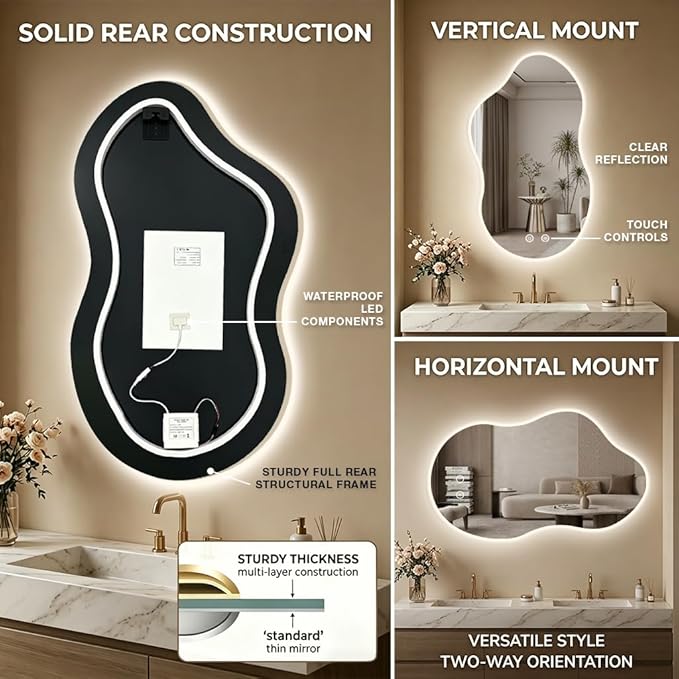 Irregular LED Mirror with Lights 40x24 Inch Backlit Asymmetrical Bathroom Mirrors for Wall Cloud Lighted Vanity Mirrors Shatterproof, Anti-Fog, Dimmable, 3 Colors (Horizontal/Vertical)