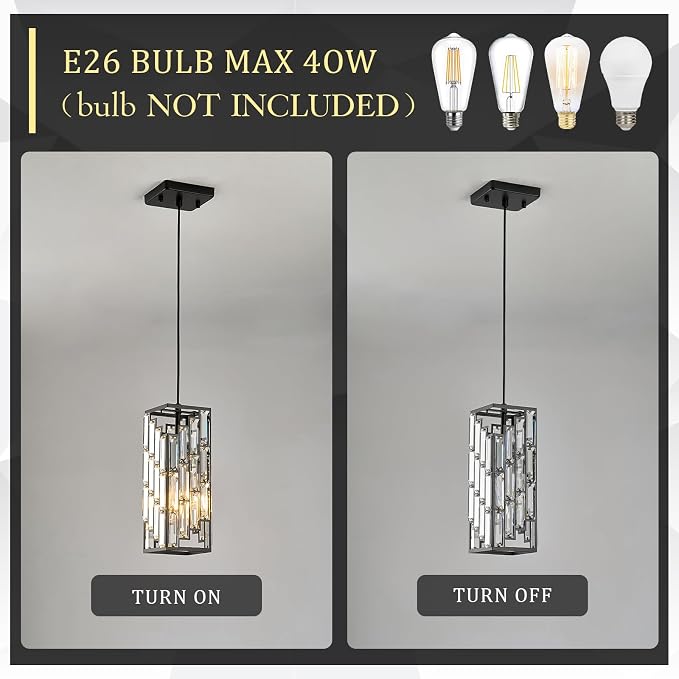 CATINER Black Crystal Pendant Light, Mini Hanging Light, E26 | Black crystal pendant light with adjustable 59" cord, E26 base, dimmable, ideal for kitchen island lighting