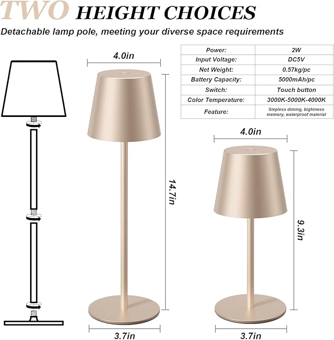 Kakanuo Champagne Gold Cordless Table Lamp Rechargeable - 2 Pack Battery Operated Lamp for Counter, 3 Color Stepless Dimming Wireless Lamp for Dining Kitchen, Outdoor Patio, Touch Control