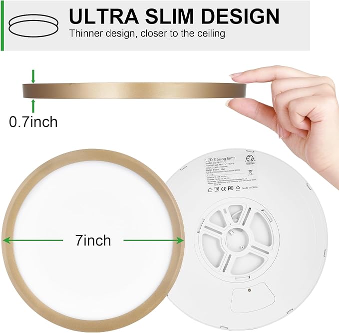 LED Flush Mount Ceiling Light: 7 inch 1Pack Super Slim Dimmable & 5CCT (2700-6500K) Kitchen Lighting Fixtures Ceiling - 12W Gold Low Profile Ceiling Lamp for Bedroom Garage Hallway