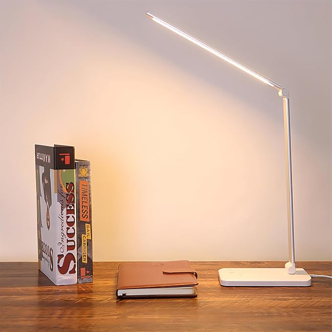 LED Desk Lamp with USB Charging Port, 5 Color Modes, 10 Dimmable Brightness Levels, Eye-Caring Reading Light, Touch Control & 30/60 min Auto Timer, Silver
