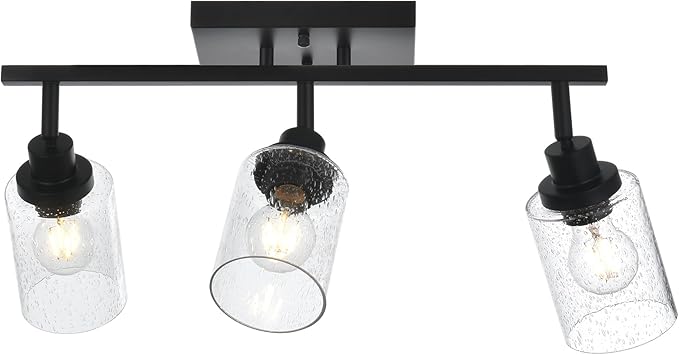 3-Light Black Track Lighting Kit Ceiling Mount Kitchen Track Lighting Fixtures, Bathroom Ceiling Tracking Vanity Light with Bubble Seeded Glass Shade & Rotatable Tracking Heads for Accent Shop