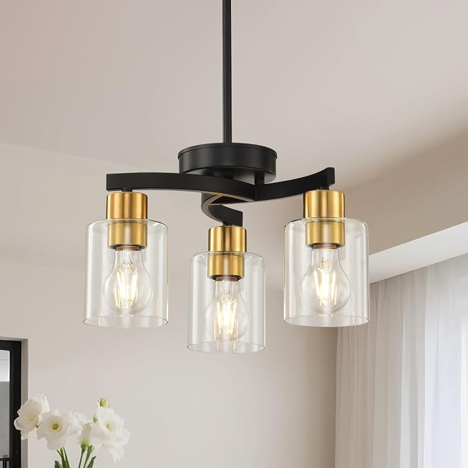 Black Brass Dining Room Chandelier, 3 Light Modern Industrial Pendant Light for Kitchen Island, Adjustable Height Ceiling Light with Clear Glass Shades,E26 Base,Dimmable