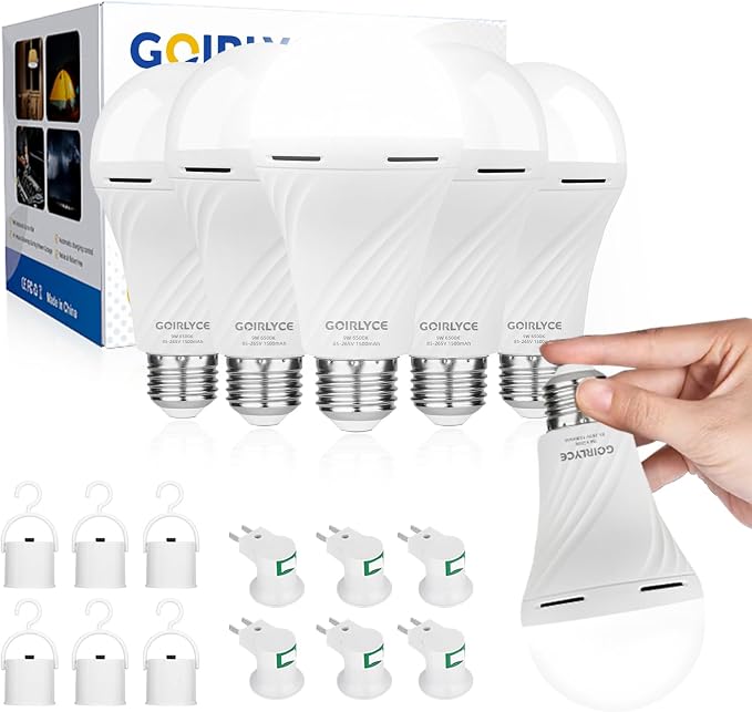 6 Pack Rechargeable Emergency Light Bulbs, Battery Powered LED Light Bulb | Daylight 9W E26 6500K 1500mAh for Home Power Outage Hurricane Blizzard Hiking Camping