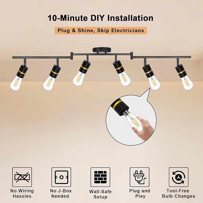 HiBay 6-Light Plug in Track Lighting, Rotatable Spotlight, Black Gold, E26 | Adjustable 6 heads ceiling fixture for a living room or open space, plug-in cord with on/off switch, no wiring, excl bulb