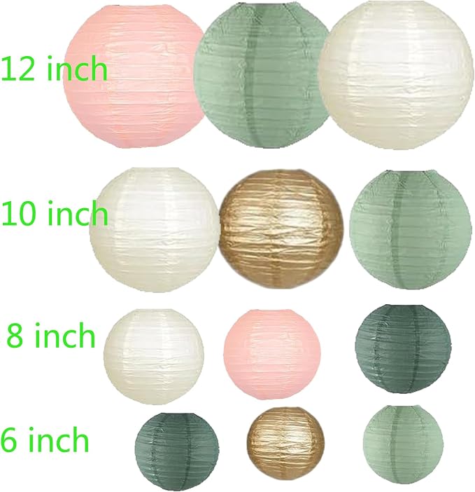 12Pcs Paper Lanterns 6”, 8”, 10”, 12”,Paperlanterns Party Decoration, Sage Green Gold Ivory Pink Paper Lanterns for Wedding, Bridal, Birthday, Outdoor, Home, Garden, Holiday and Party.