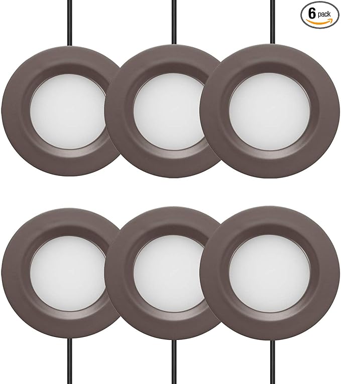 Getinlight 2.75" Under Cabinet LED Puck Lights Kit, Plug-in 12V Set with in-Line Dimmer, 3000K Warm White, Recessed or Surface Mount, ETL Listed, 6-Pack, IN-0102-6-BZ