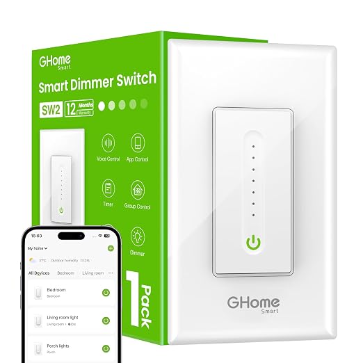 GHome Smart Dimmer Switch, Single Pole, 2.4GHz WiFi Dimmer Light Switch Works with Alexa and Google Home, Voice & APP Remote Control | Timer & Schedule | UL FCC Certified, Neutral Wire Required, White