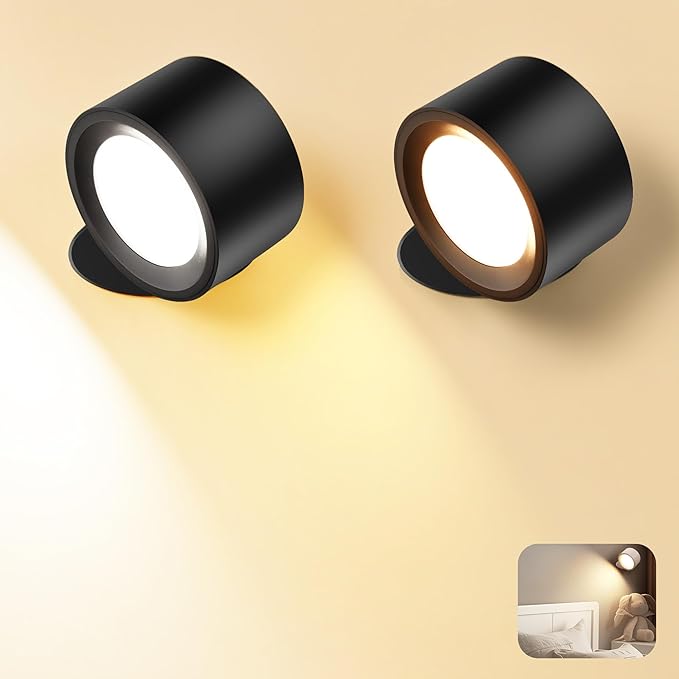 Wall Mounted Lamp, Rechargeable Battery Operated Wall Lights, Black-2 Pack | Rechargeble Renter Friendly, 3 Color Temperatures & 3 Brightness Levels 360°Rotate Magnetic Ball, Sconces for Reading Bedroom