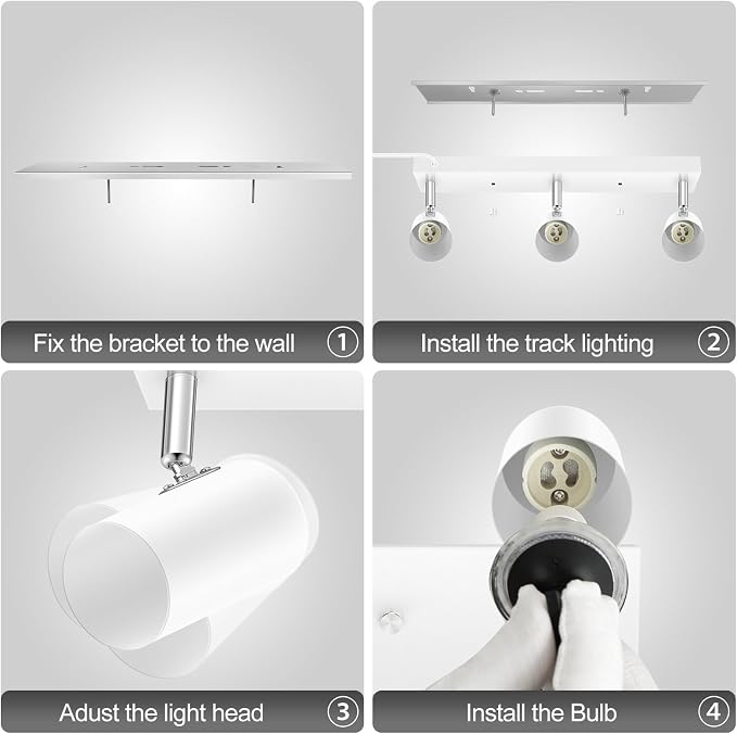 Plug in Track Lighting, 3 Light Ceiling Lighting Kit, White 3 Way Modern Wall Spotlight, 15 FT Cord,Flexibly Rotatable Complete Light Kits for Kitchen Cabinet Gallery Bar Living Room（No Bulb）