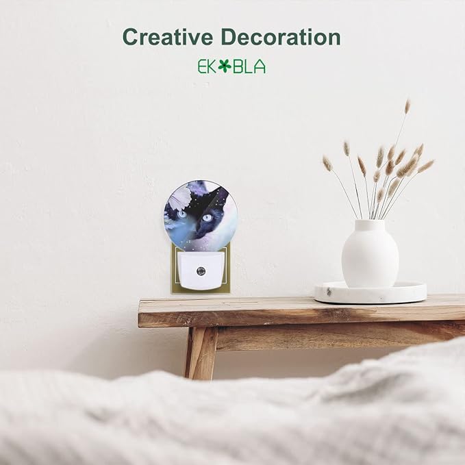 EKOBLA Kitten Animal LED Night Light Black Cat Hiding Behind White Flowers Dusk to Dawn Plug-in Nightlights Auto Sensor for Home Indoor Bathroom Hallway Kitchen