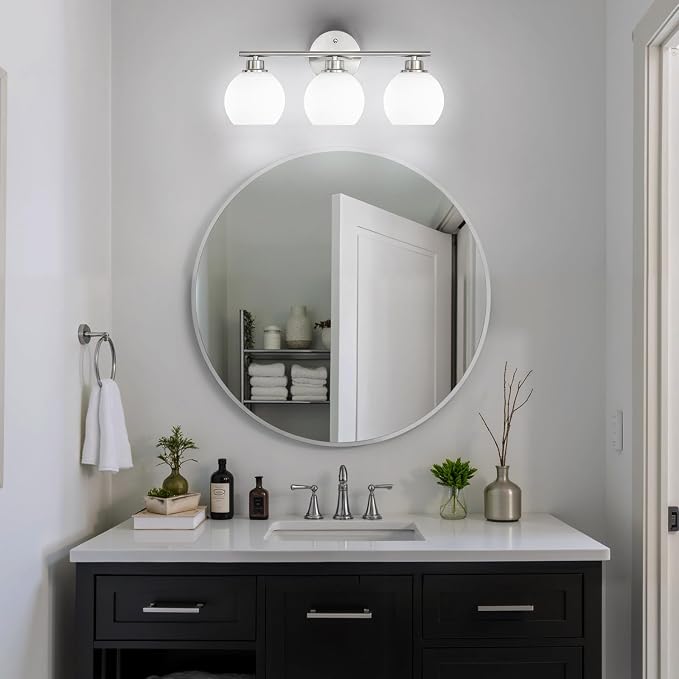 Brushed Nickel Bathroom Light Fixtures, 3-Light Vanity Light Over Mirror | Modern Bathroom Lighting Over Mirror, Wall Sconces, Milky White Globe Glass Shades, E26 Socket,ETL Listed