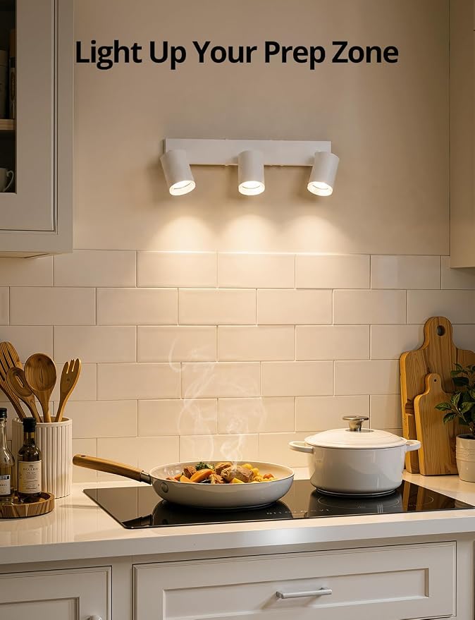 Bojim LED Track Lighting Fixtures Ceiling Mount for Kitchen, 3 Light Modern White Track Lights with Acrylic Ring, Adjustable Spot Lights for Dinning Living Room Hallway, GU10 Base (Bulb Not Included)