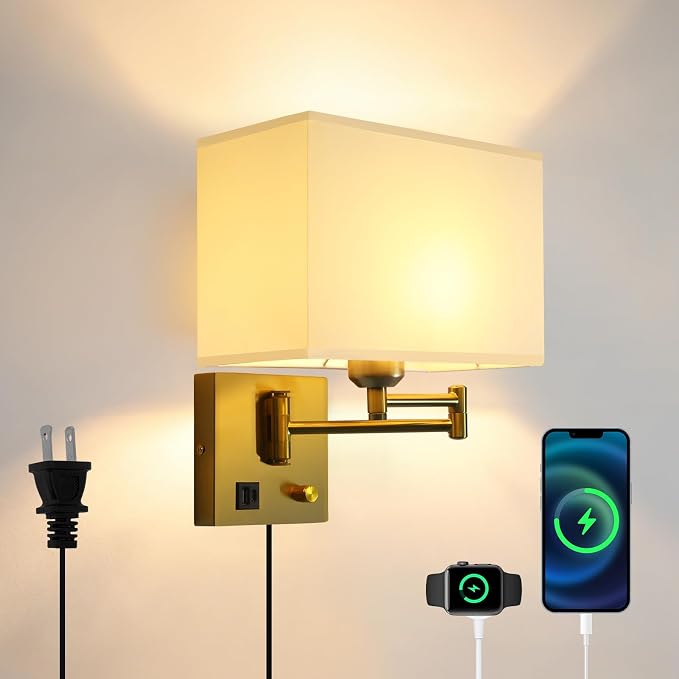 Plug in Swing Arm Wall Sconce, Wall Lights for Living Room | Wall Lamp with USB C+A Charging Ports, Adjustable Swing Arm 270°, Adjustable Color Temperature, Wall Mount Lamp for Bedroom