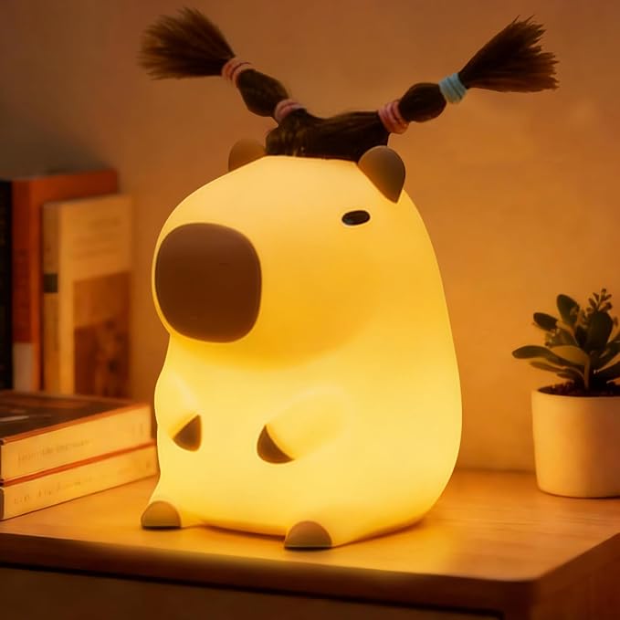 FAMIDUO Cute Capybara Night Light, DIY Hairstyle & Squishy Silicone Lamp | Rechargeable Tap-Control Bedside Lamp,Soft Squishy Silicone Nursery Light for Boys & Girls,Cute Room Decor,Funny Xmas Gift