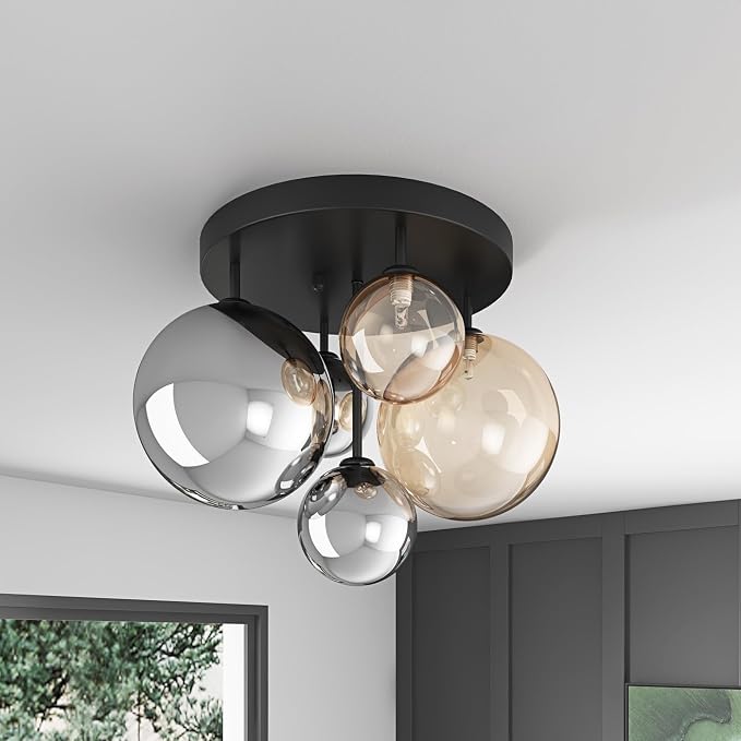 Aiwen 18" 5-Light Black Semi Flush Mount Ceiling Light, Mid-Century Modern | Flush Mount Chandelier with Globe Glass Shade, Farmhouse Ceiling Light Fixture, Cluster Chandelier for Bedroom, Dining Room
