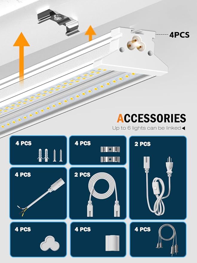 Commercial-grade 10000LM 5000K 60W Linkable 4 Foot Led Shop Lights for Shop | Upgrade Super Bright 4 Pack Hanging&Surface Mount 4' Linkable 4FT Led Shop Light Fixture for Workshop Garage Workbench