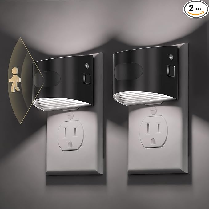 L LOHAS LED Motion Sensor Night Light, Night Lights Plug into Wall, 2 Pack | Nightlight with Dusk to Dawn & Motion Detection Sensor, 30-100Lm Adjustable Brightness, 5000K Daylight, Black Housing