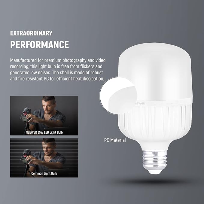 NEEWER E26 35W LED Light Bulbs, 2 Packs, 3150 Lumens/5700K/CRI 93+/15000h Lifespan, Bright Video Photography Lighting, Silent/No Flicker/Non Dimmable 350W Incandescent Equivalent